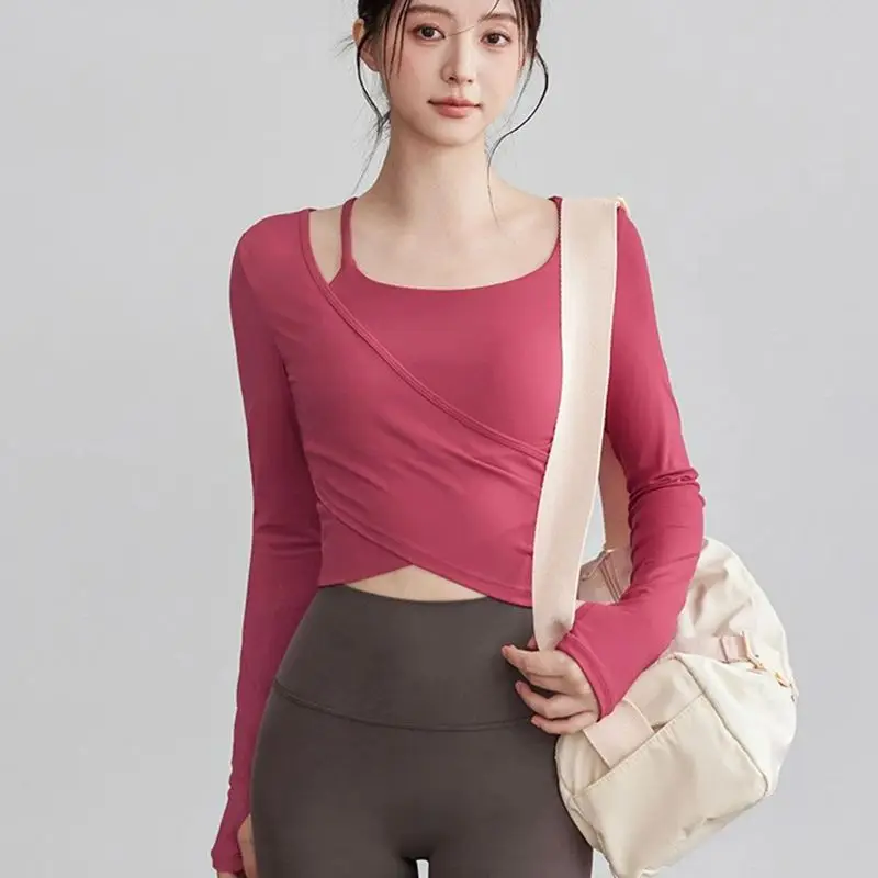 Women's 2-in-1 Slimming Yoga Shirt Top Padded Professional Pilates Shirt Fitness Tops Training Long Sleeve Gym Clothing