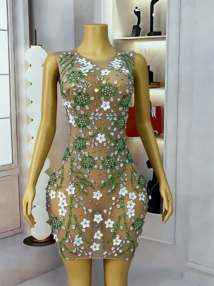 Krótka Elegancka Biała Sukienka z Kwiatami, Błyszczącymi Cyrkoniami, Seksowna Sukienka z Siateczki w Kolorze Nude, Damska Sukienka Koktajlowa na Imprezę, Suknia na Czerwony Dywan, Kostium Sceniczny