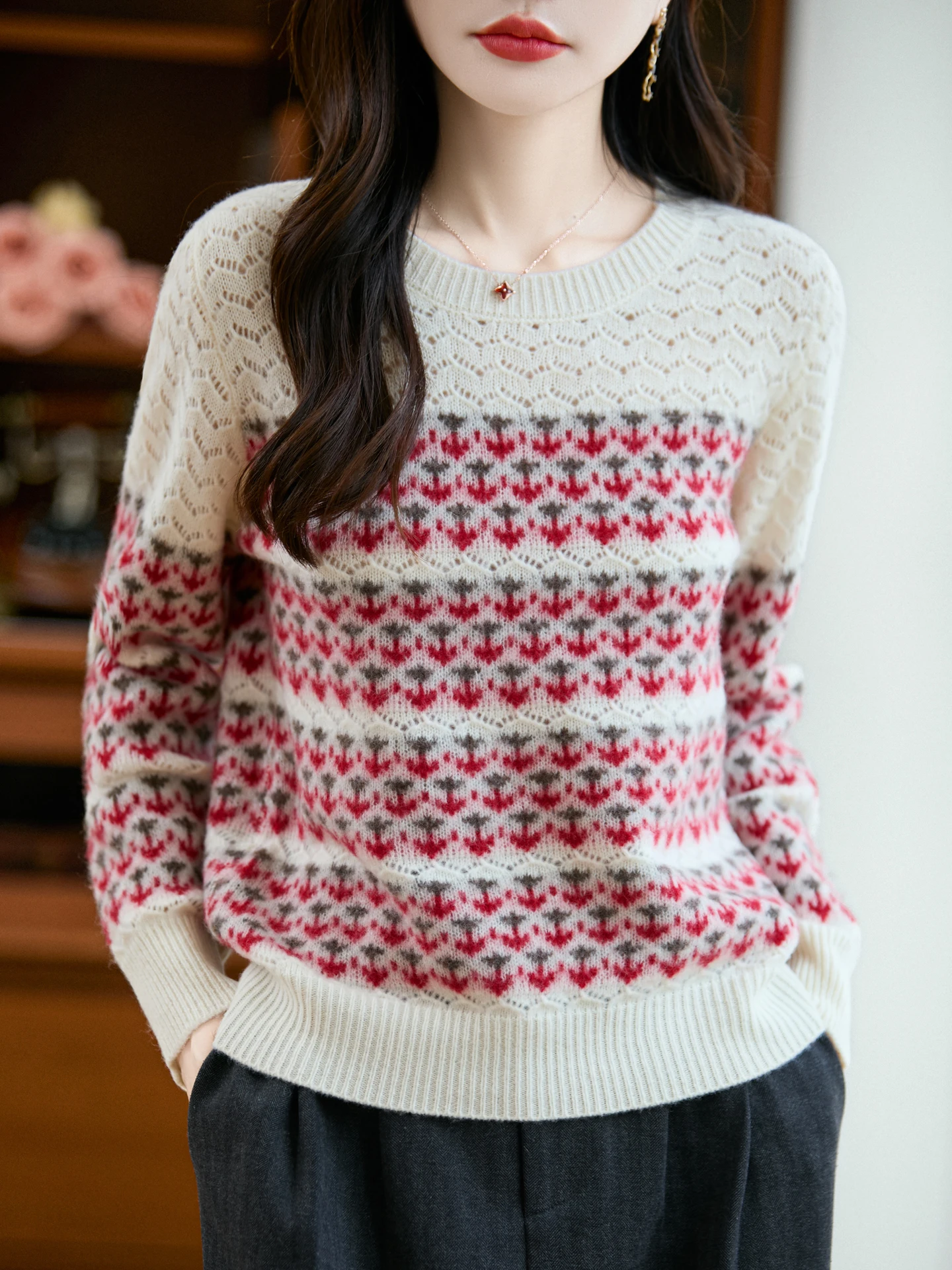 

TLOML Women's 100% Merino Wool Jacquard Color Block O-neck Fair Isle Pullover Sweater Autumn Winter Cashmere Vintage Thick Tops