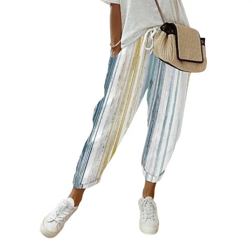 Vertical Stripe Trousers Striped Printed Loose Fit Pants with Adjustable Drawstring Waist for Women Stylish for Leisure