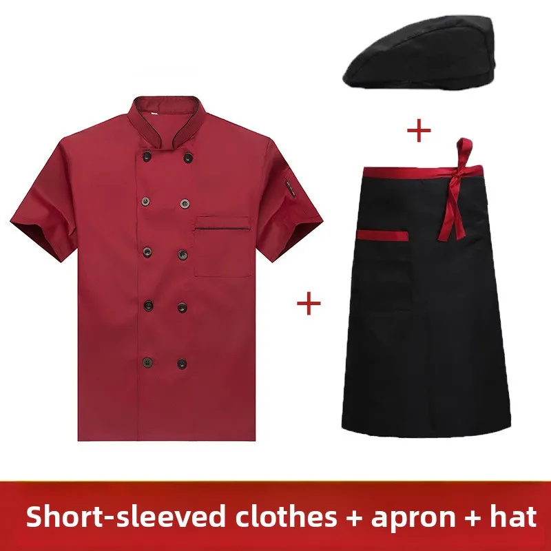 Uniforme de Chef de verano para hombre, conjunto de 3 uds., sombrero de manga corta, delantal, transpirable, Color sólido, ropa de trabajo de cocina para restaurante