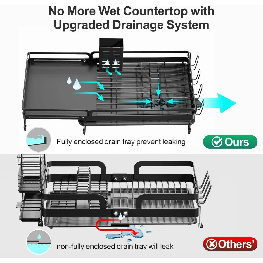 رف تجفيف الأطباق كبير قابل للتوسيع لطاولة المطبخ مع وصلة معدنية وعرض قابل للتعديل من 16.5 إلى 24.4 سعة عالية #6