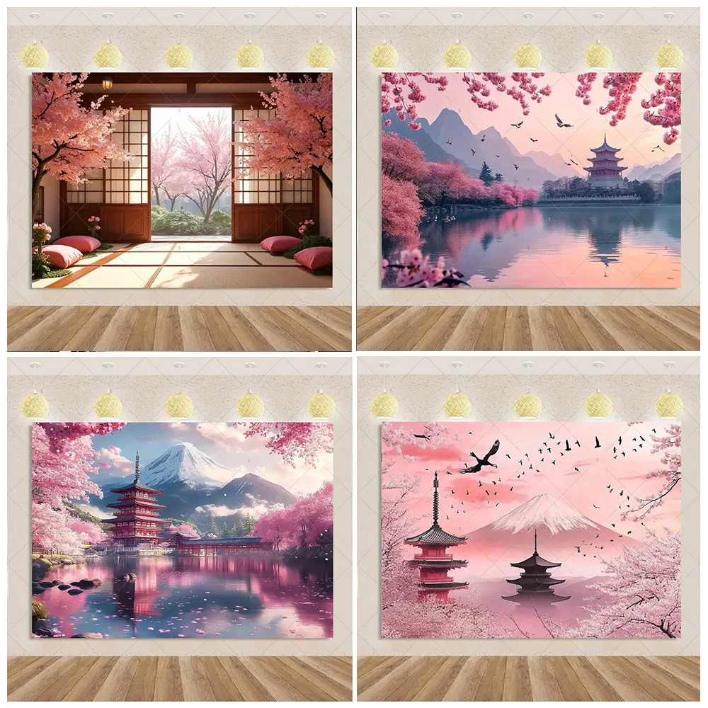 

Pink Sakura Background Japanese Mount Fuji Temple Backdrop Party Decoration Window Cherry Blossom Photography Props Photo Studio