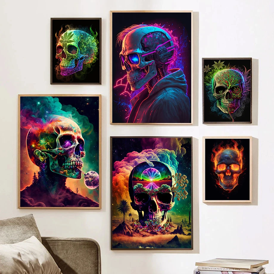 Modern Skeleton Art Poster Fantastic Skull Canvas Painting Posters and Prints Wall Art Pictures for Living Room Home Decor