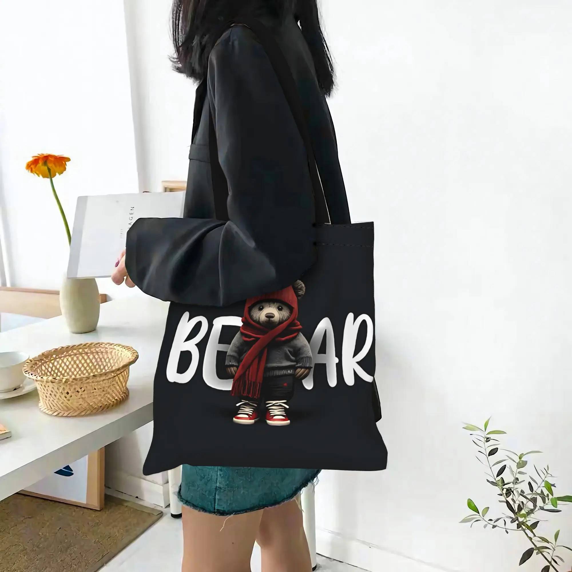 

fashionable bags back to school Large Capacity Cool Bear Graphic Canvas Tote Bag Foldable Chic Pattern Gifts
