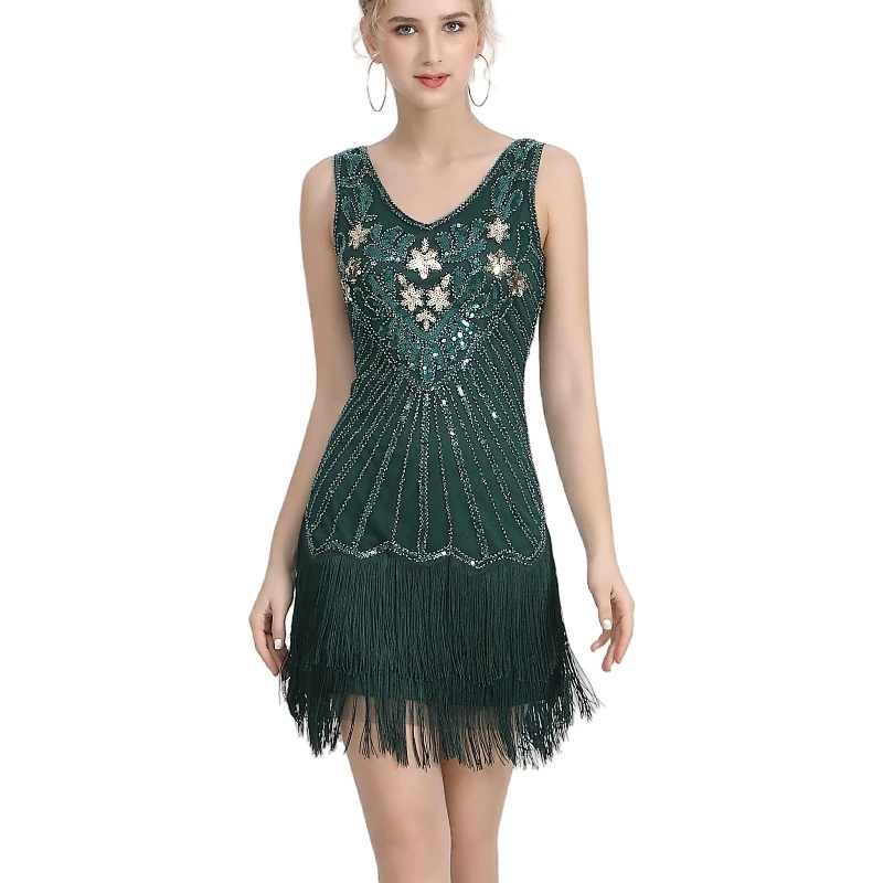 Women 1920s Flapper Dress V Neck Colorful Beaded Fringe Dress Great Gatsby Sequin Dress Roaring 20s Speakeasy Party Costume