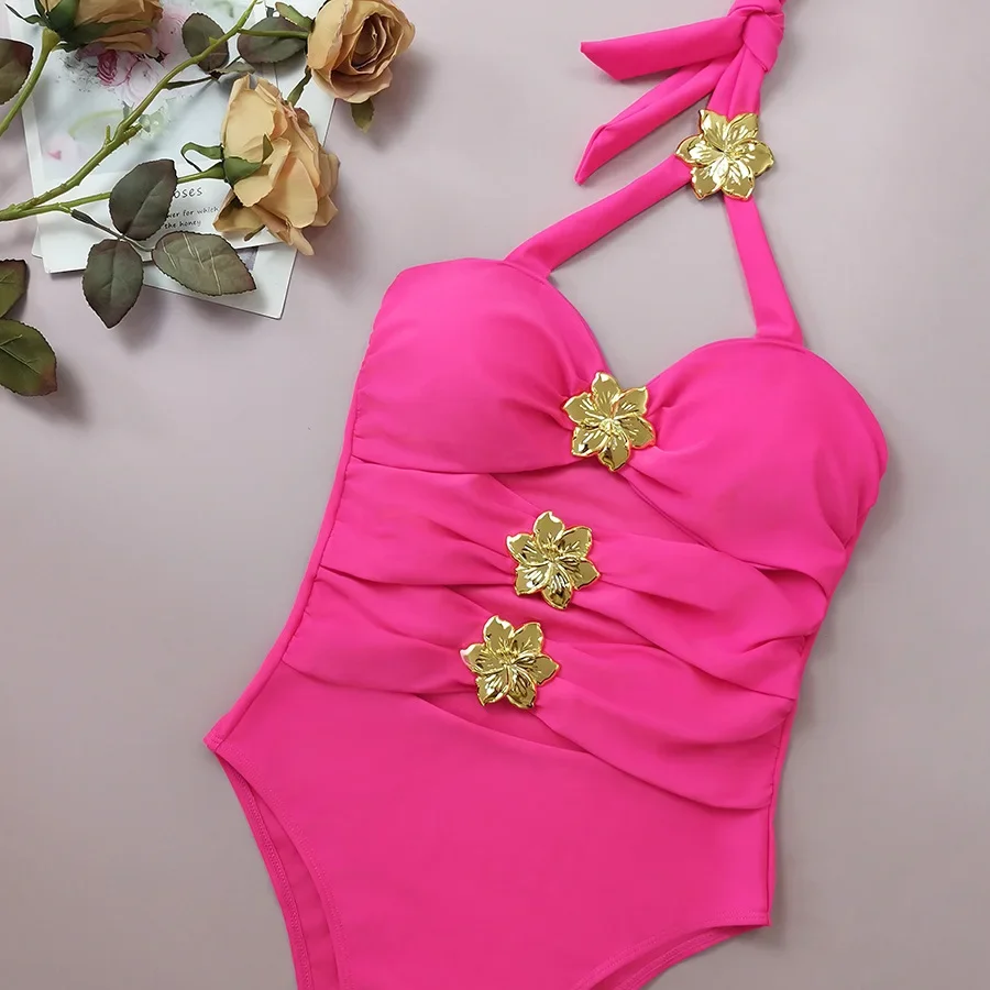 2025 Rose Red One Piece Swimsuit Women's Metal Floral High Waist Hollow Out Monokini Bikini Sexy Halter Backless Beach Swimwear
