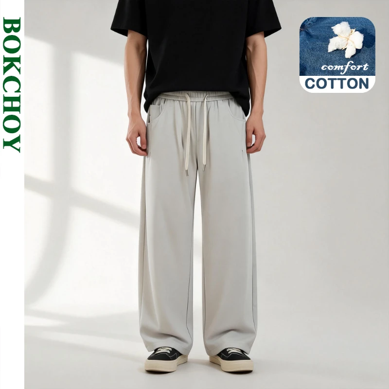 

2026 Spring Summer New Simple Casual Cotton Straight Pants for Men Clothing Comfort Drawstring Big Pocket Male Trousers LX6042