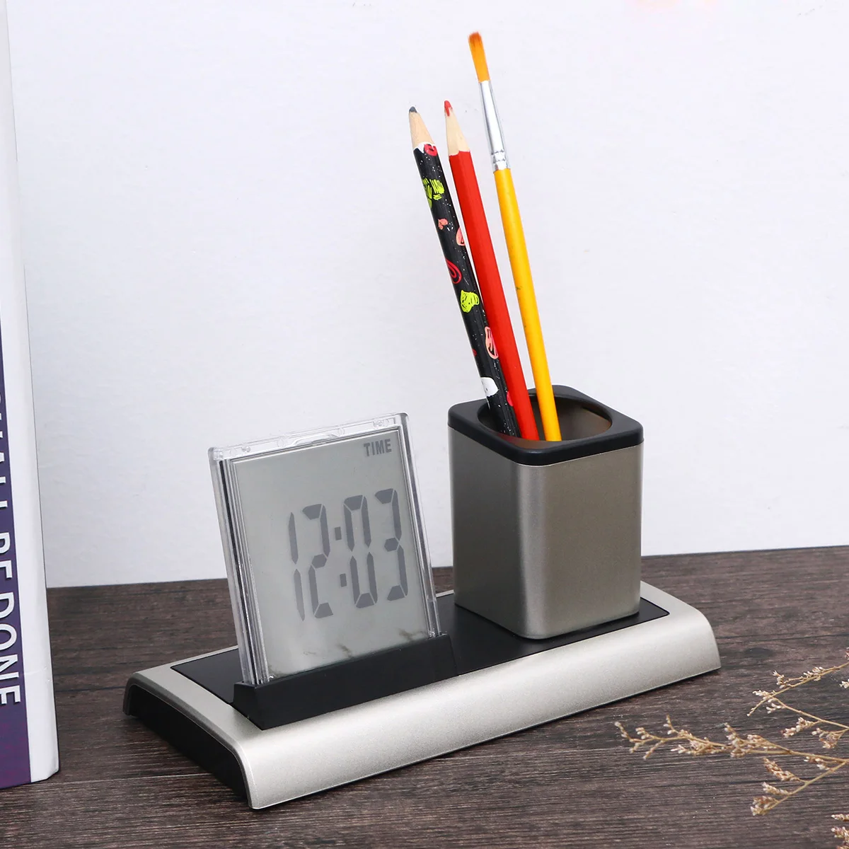 

Clock Pen Holder Calendar Thermometer Alarm School Office Supplies Multifunction