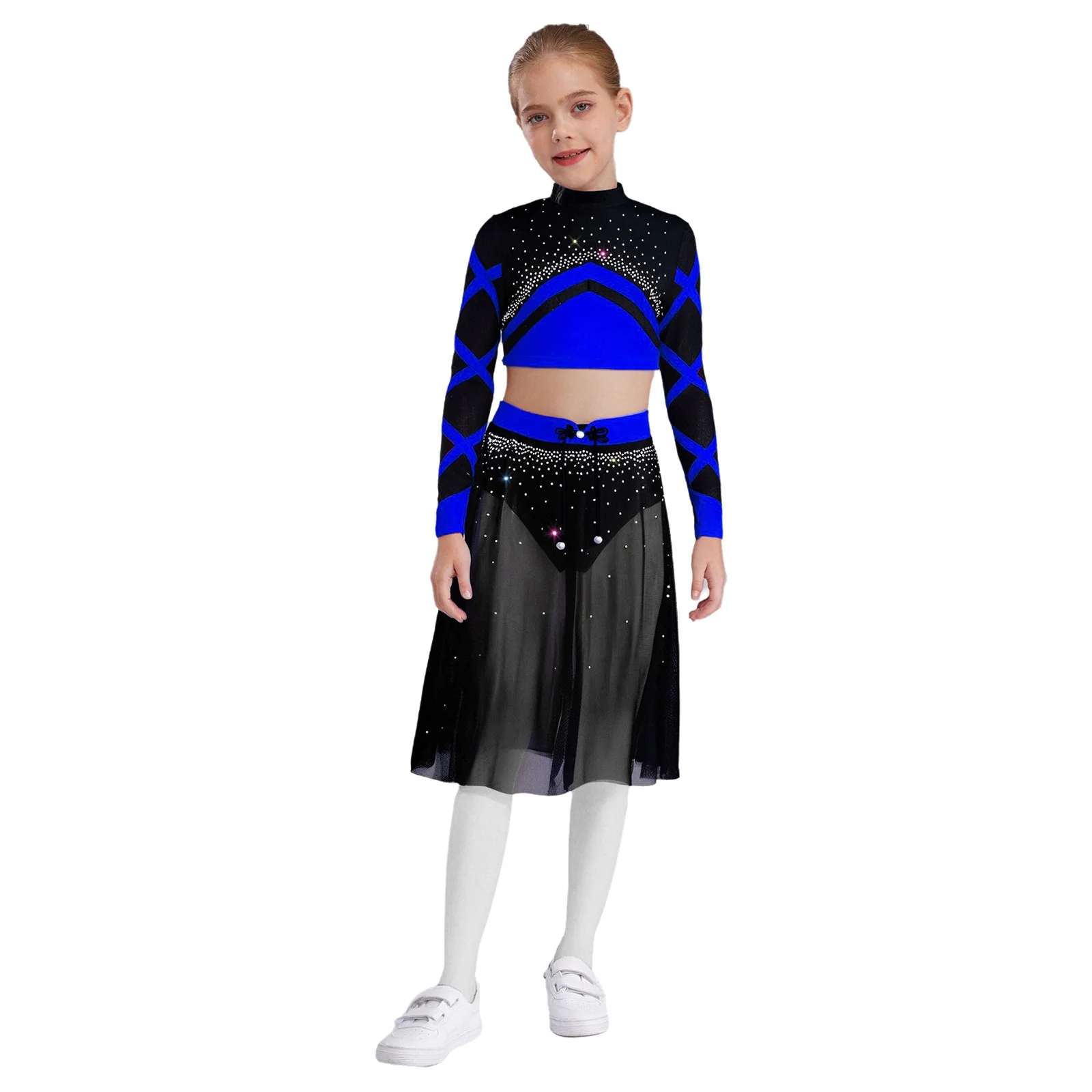 

Kids Girls Modern Ballroom Dance Outfit Long Sleeve Shiny Rhinestones Crop Top with Knot Button Mesh Skirt for Ballet Dance Wear