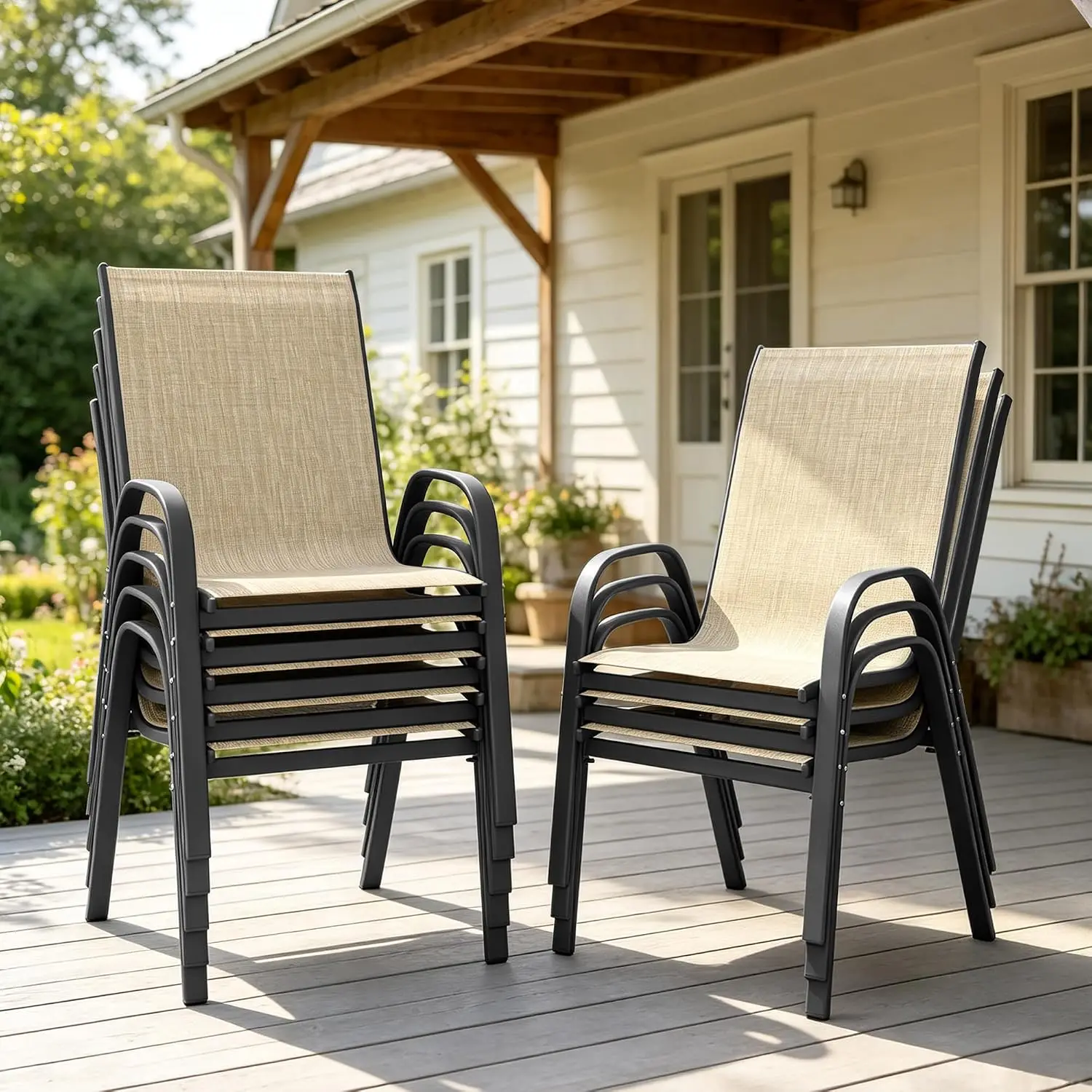 Outdoor Stackable Dining Chairs Set of 8 All Weather Textilene Curved Armrests 330Lbs Lawn Garden, Customized