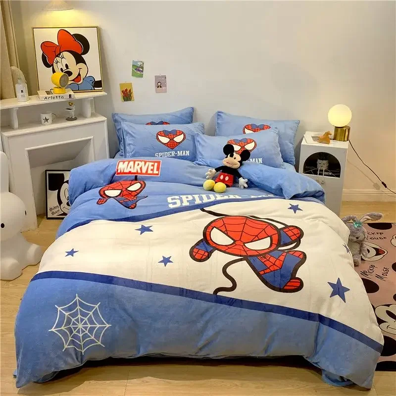 Marvel Spiderman cartoon plus velvet children's four-piece set creative cool bed sheets and quilt covers boys' bedding wholesale