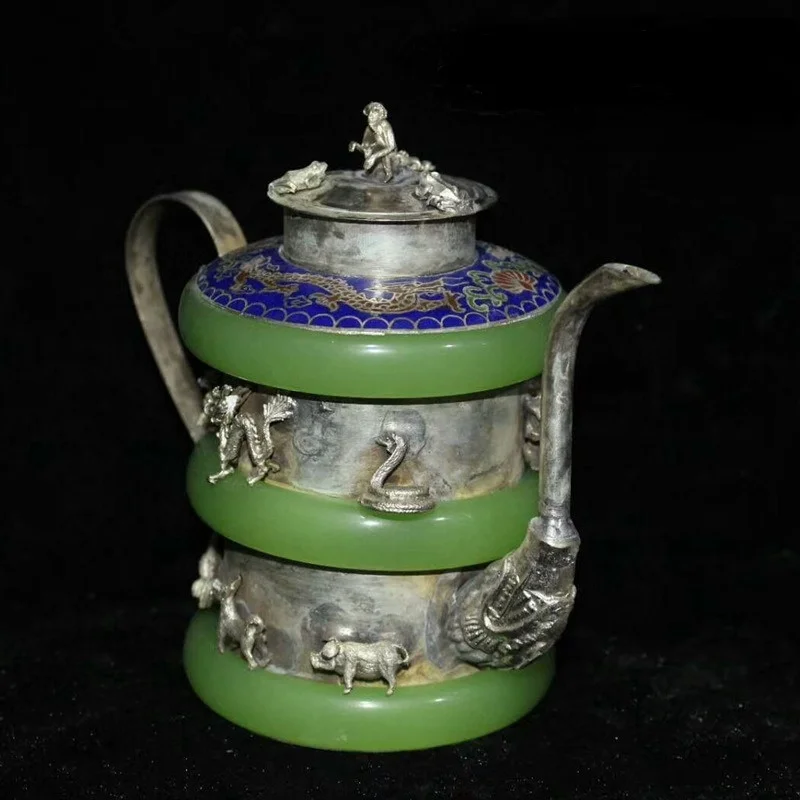 

Fashion Chinese Exquisite Tibetan Silver Handmade Dragon Old Sapphire Teapot Living Room Decoration Home Gift