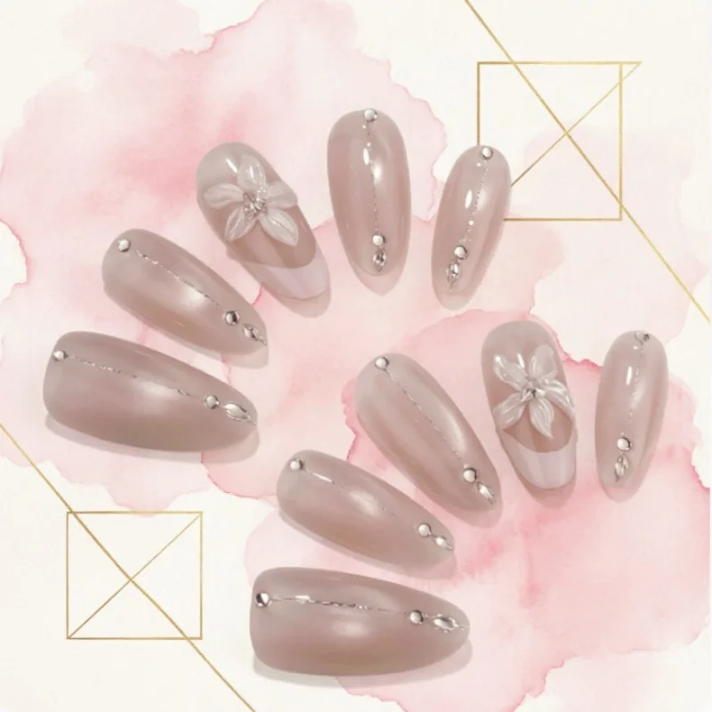 10pcs Nude Pink Handmade Press On Nails 3D Flower Pearl Rhinestone Full Cover False Nails Reusable Acrylic Nail Tips for Women