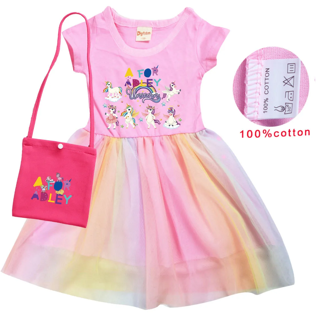 2023 New Cute A FOR ADLEY Clothes Girls Summer Princess Dresses Kids Cotton Short Sleeve Wedding Party Dresses Children Vestidos