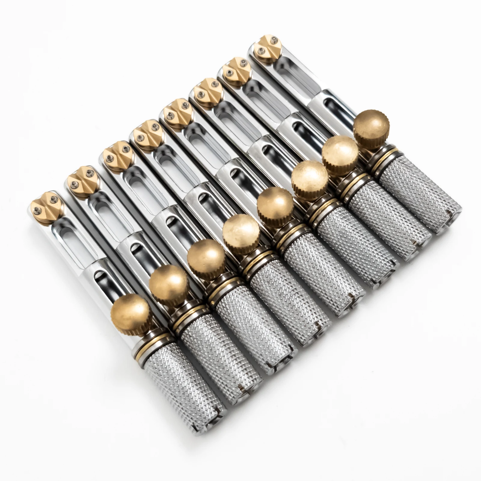 

Headless Guitar Bridge – Fanned Fret Single Fixed Brass Bridge for 6 String Electric Guitar – Silver – Made in Korea