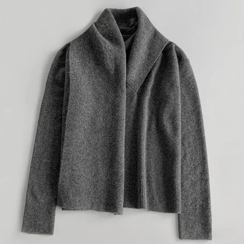 

Женский свитер с шарфом и воротником, свободные вязаные топы, осенние супер мягкие шерстяные изделия из яка, высококачественная нишевая зимняя верблюжья модная одежда, пуловеры