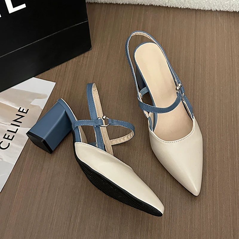 Women Pointed Toe Sandals Designer High Heels Shoes 2026 Summer Elegant Mary Jane Leather Shoes Chunky Pumps New Flip Flops Lady