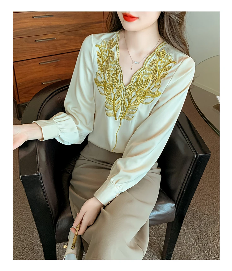 Early Autumn Long Sleeve Chiffon Shirt for Women 2023 New High-Grade Temperament V-neck Machine Embroidery Blouses and Top Blusa