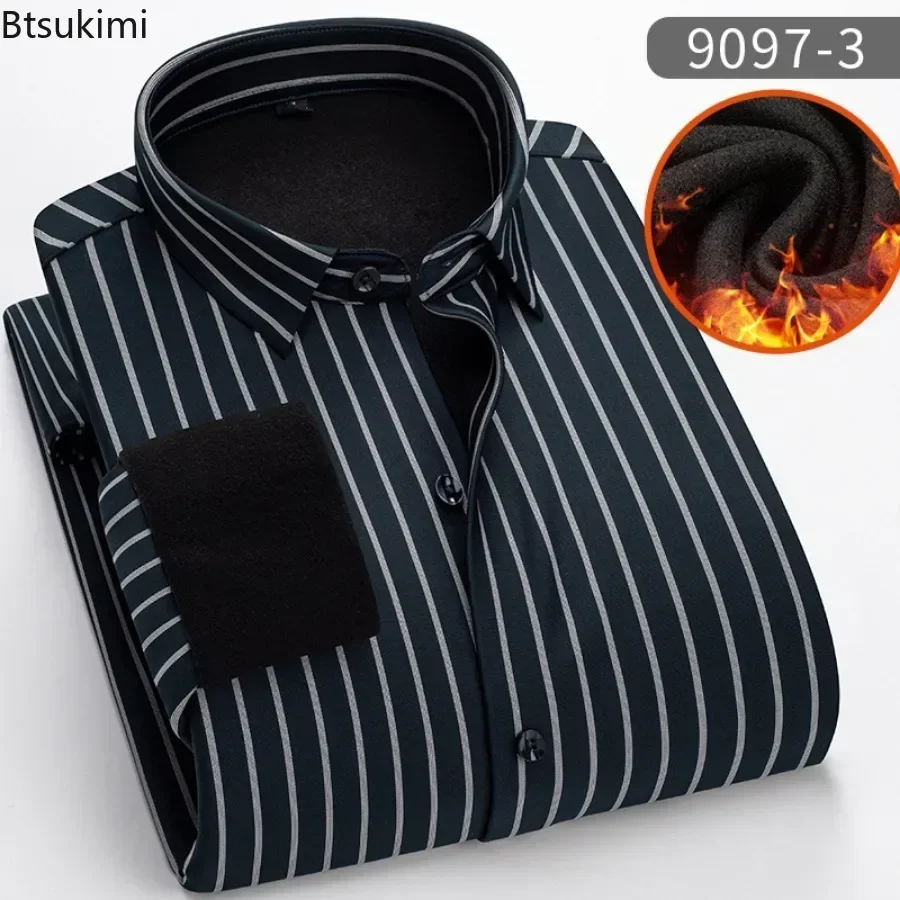 2025 Men's Warm Casual Shirts Autumn Winter Striped Long Sleeve Shirts Thicker Fleece Lined Tops Warm Slim Business Men's Shirts