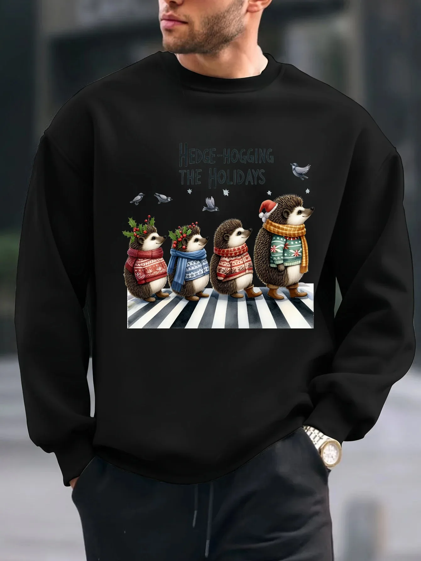 

2025 Penguins lead a team across the road with graffiti prints Men Casual Long Sleeve T Shirt Spring And Autumn Christmas Cotton