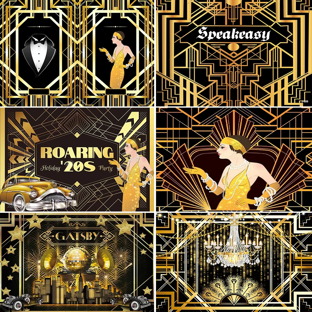 ﻿ Gatsby Theme Wedding Newborn Party Supplies Golden Black 1920s Retro Art Vintage Dance Jazz Portrait Photography Background