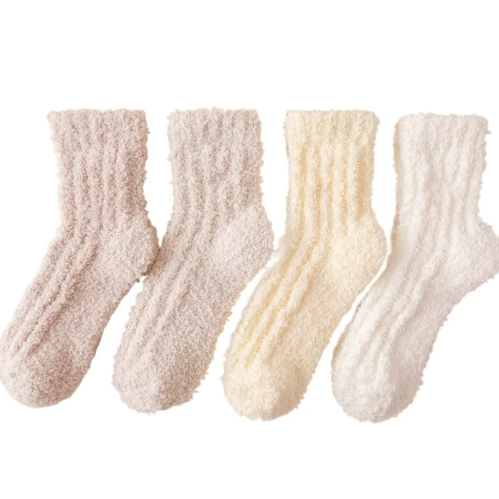 

4Pairs Creative Thickened Coral Fleece Socks Sleeping Winter Floor Plush Socks Simple Hosiery Mid Tube Socks Women Winter