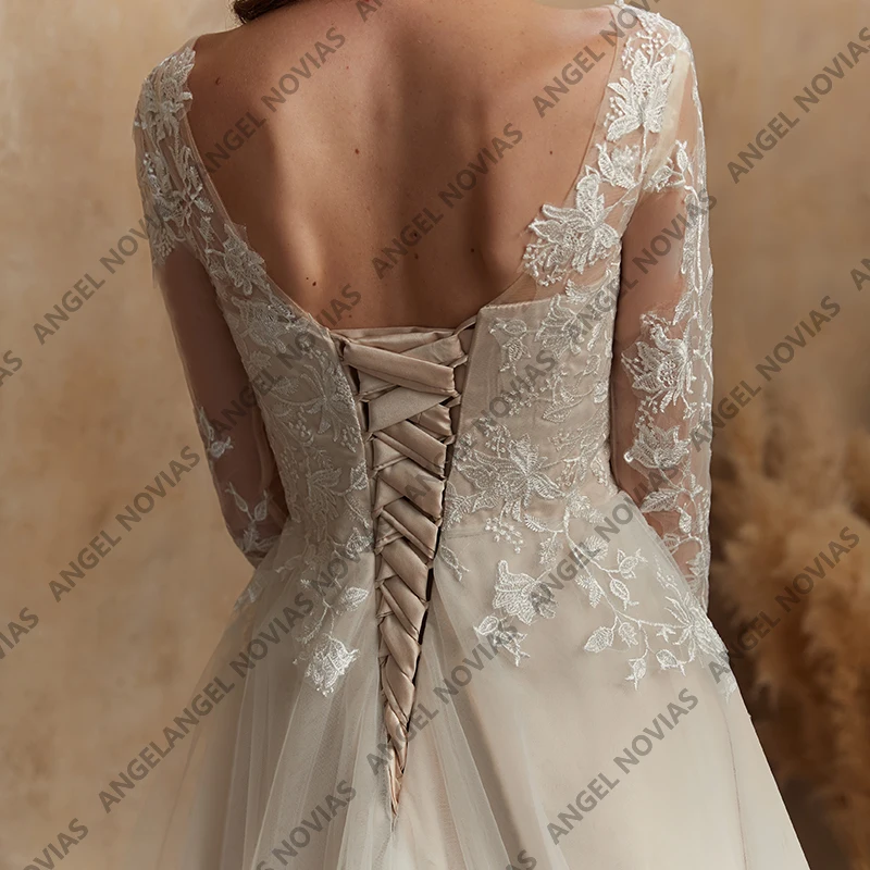 Angel Novias Tule Lange Mouw Trouwjurken 2026 Kant Bruidsjurk Aangepaste A-lijn Vrouwen Luxe Feestjurk Vrouw