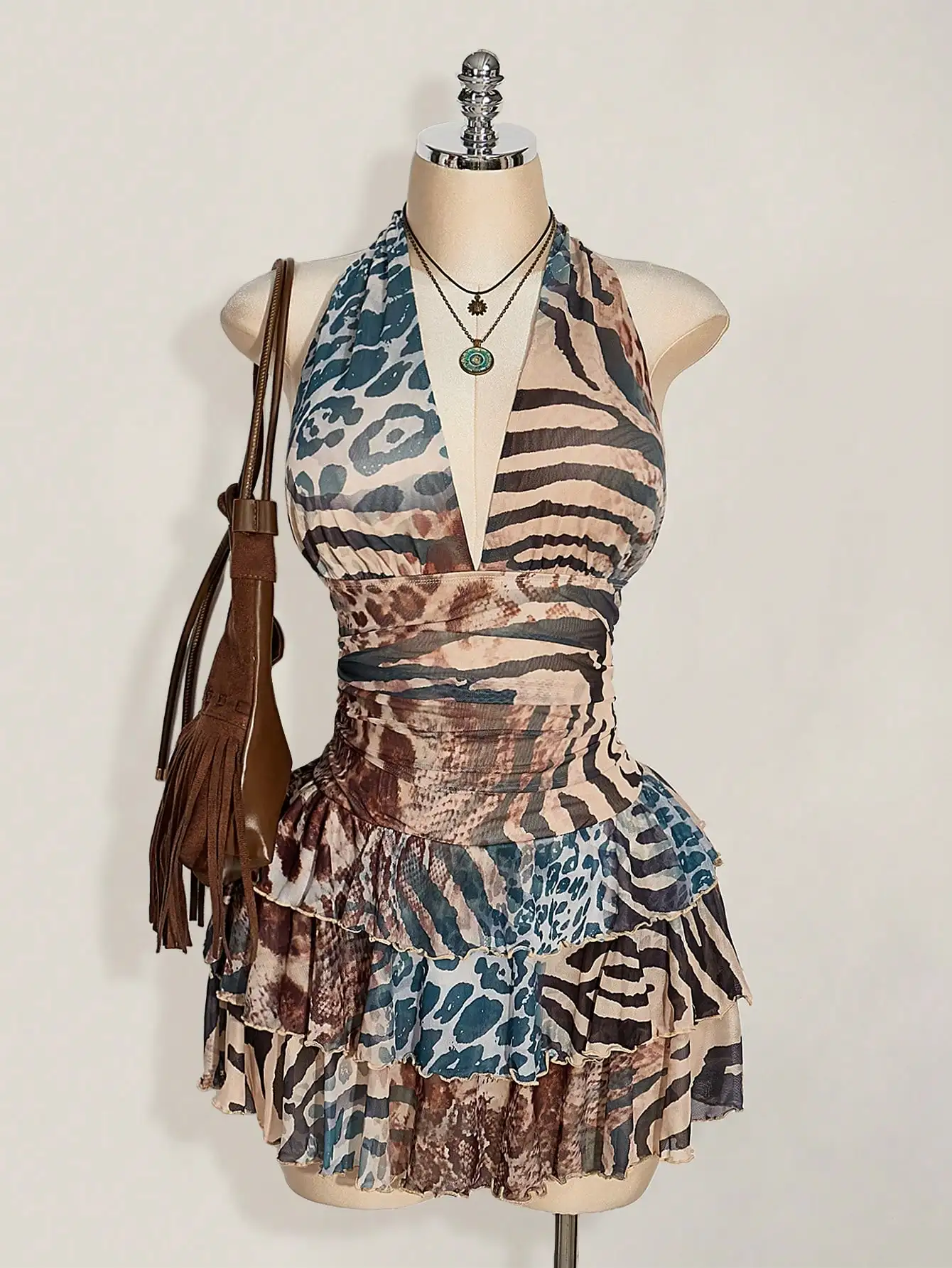 

Women's Halter Neck Ruched Waist Tiered Skirt Dress with Animal Print Pattern