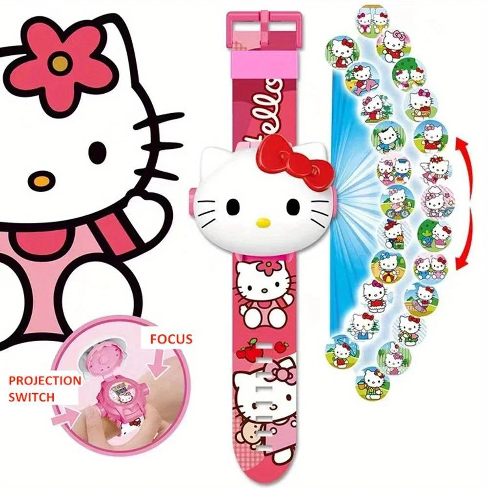 Sanrio Hello Kitty Toys Set 3D Projection Digital Watch Cinnamoroll Kuromi Melody Anime Action Figures Model Toy