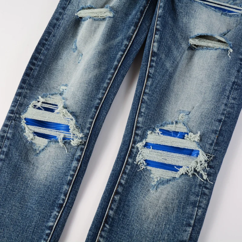 designer street fashionY2K new jeans washed nostalgic stretch slim fit retro perforated blue leather patch blue jeans hip-hop b