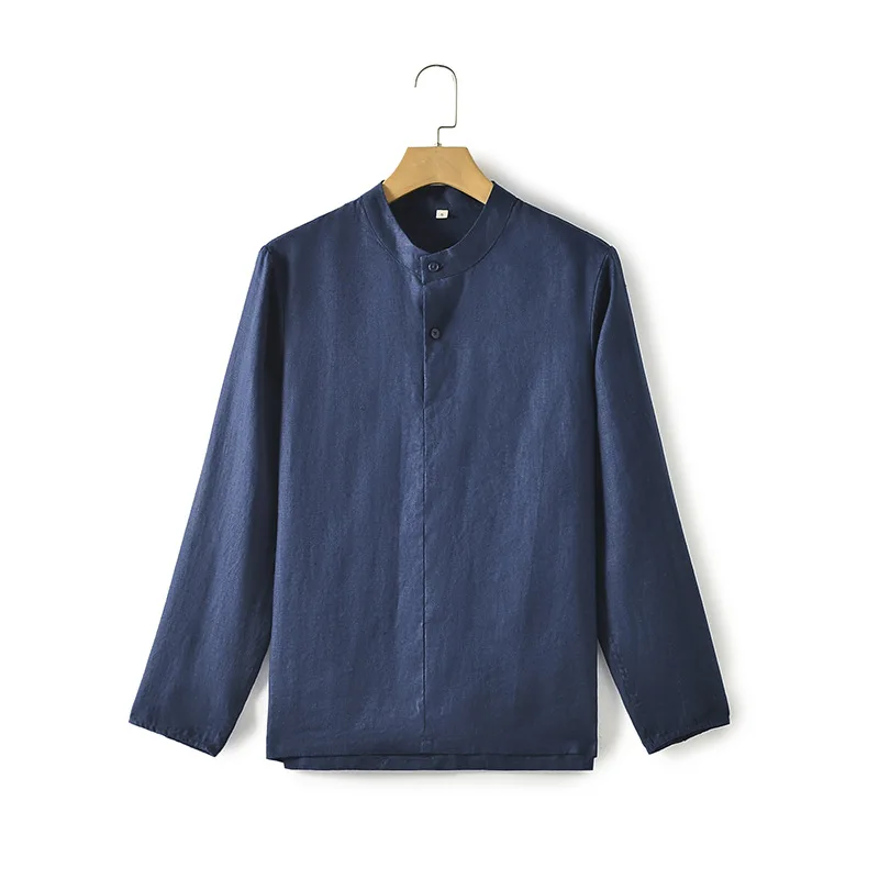 Chemise en lin décontractée pour hommes, ample et respirante, col montant, haut à manches longues, nouvelle collection