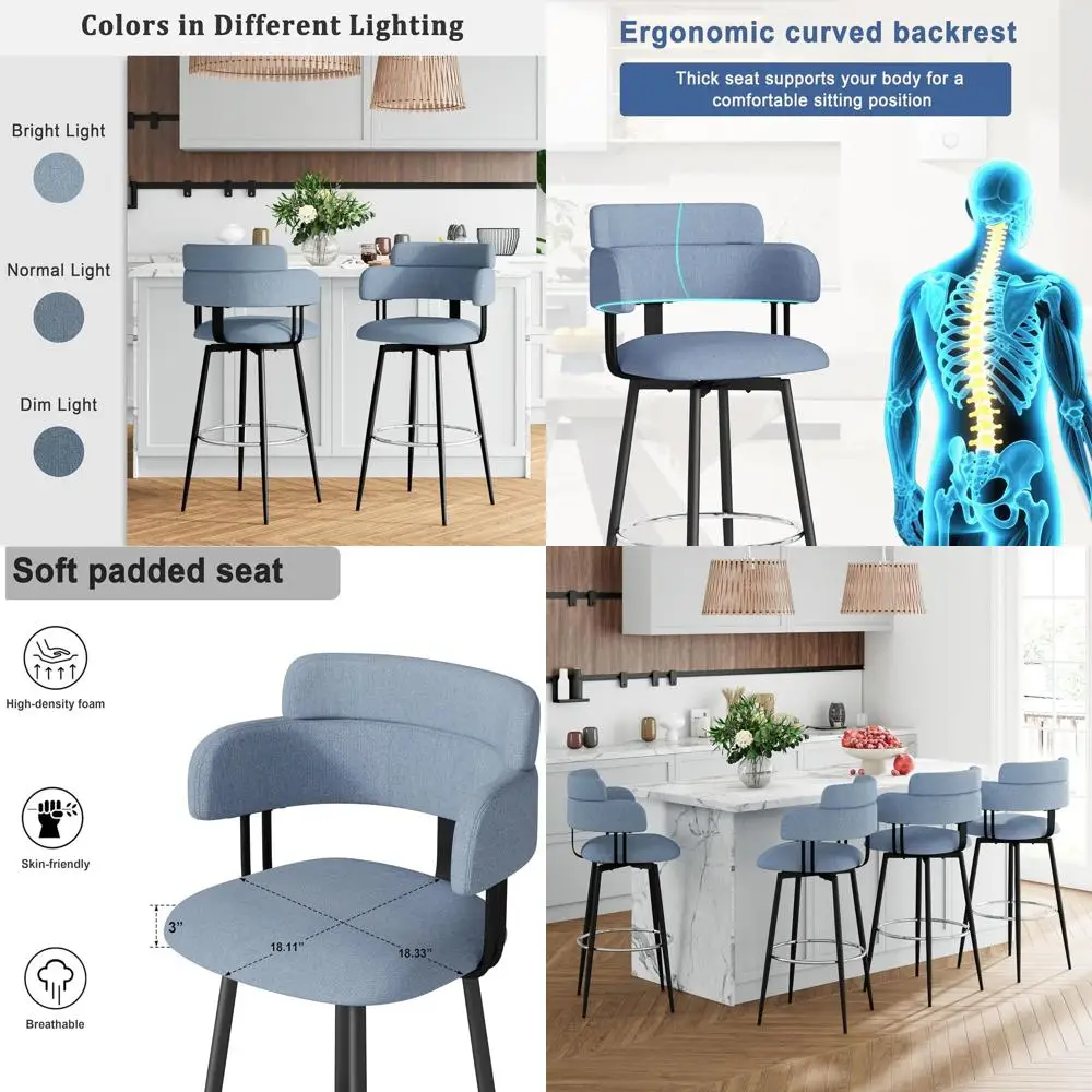 

Set of 2 Linen Upholstered Swivel Bar Stools with Ergonomic Backrest, Chrome Metal Base, Blue, 30 inches