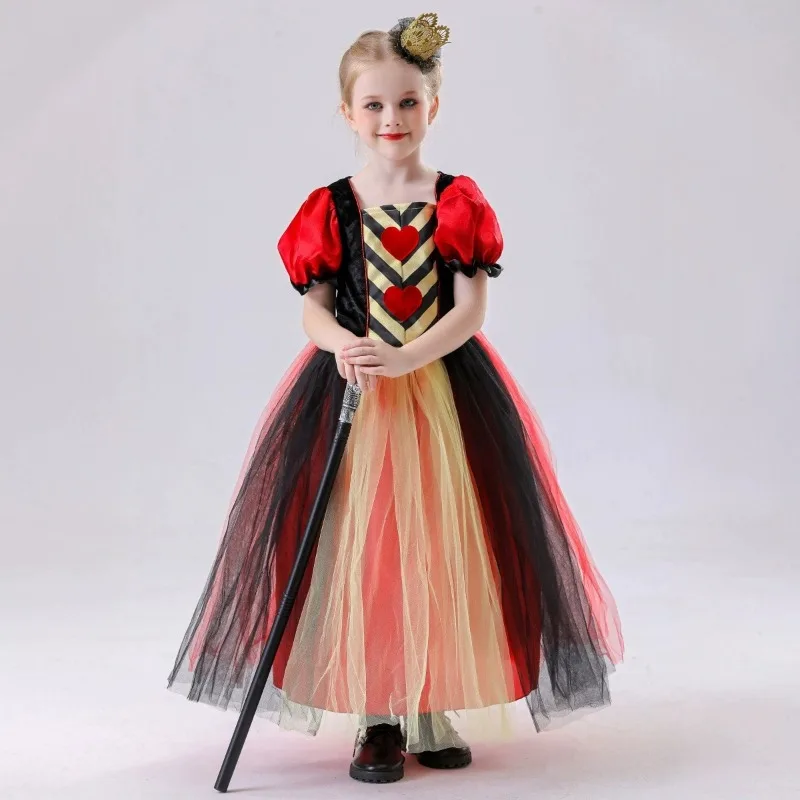 Halloween Cosplay Costume Cartoon Red Queen Short Sleeved Mesh Dress Stage Performance Party Role Playing Outfits for Girls