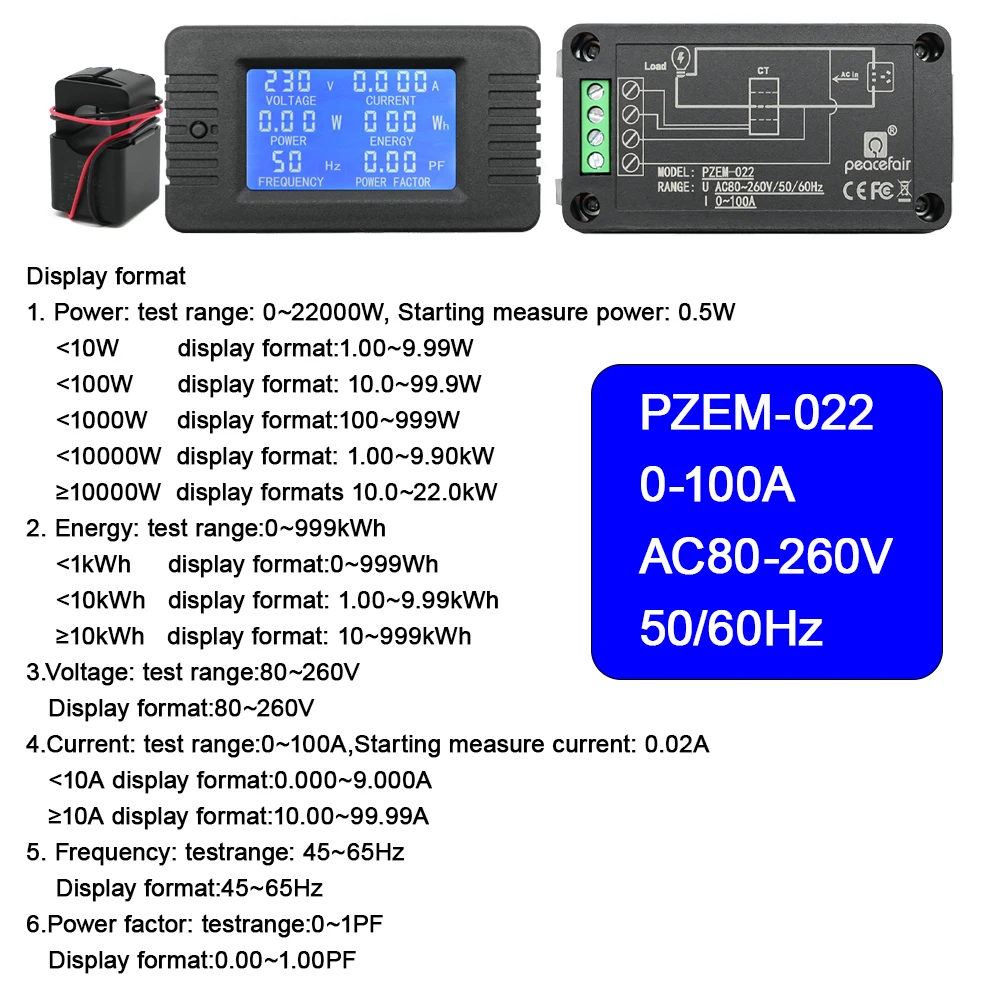 PZEM 5A 10A 100A Battery Capacity Tester AC80-260V 6in1 Voltage Current Power Capacity Meter Resistance Frequency Meter