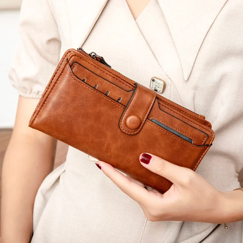 Rfid Multi-Function Vintage Women Long Wallet Credit Card Holder Large Capacity Clutch Bag Zipper Fold Lady Purse Gift