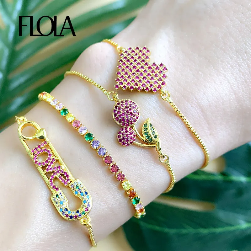 FLOLA Rainbow Heart Tennis Bracelet Woman Zirconia Safety Pin Cherry Charm Bracelet Gold Plated Jewelry regenboog armband brtb67