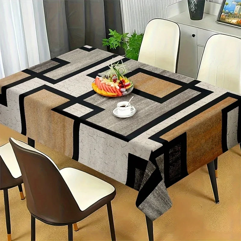 VIKAMA Modern Geometric Color Block Tablecloth Marble Texture Print Waterproof Stain Resistant Rectangular Dining Table Cover