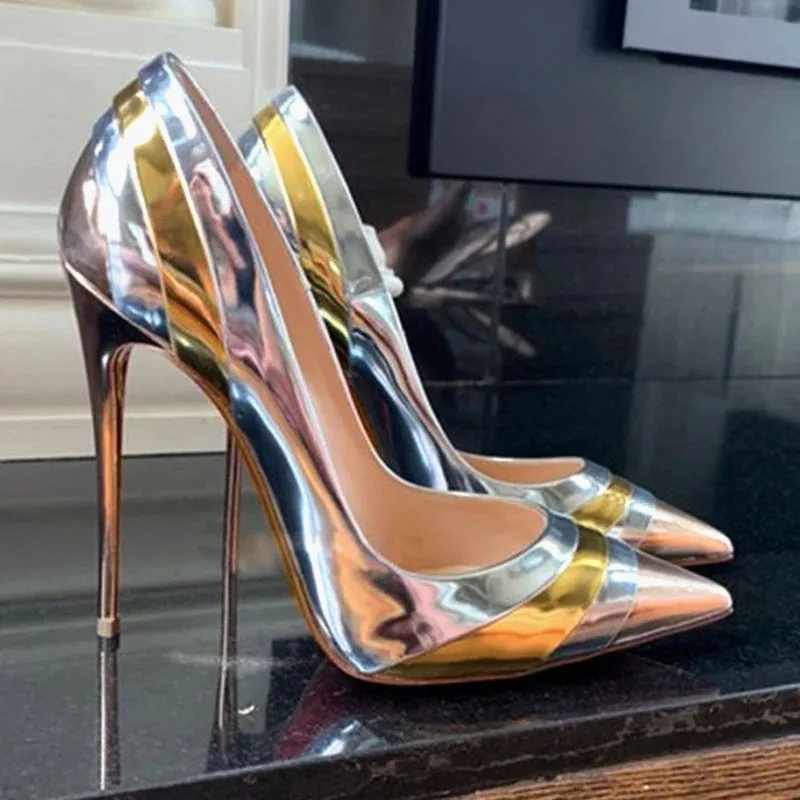 Mirror Gold Silver Patent Leather High Heel Pumps Female Mixed Color Patchwork Strap Thin Heels Pointy Toe Wedding Shoes