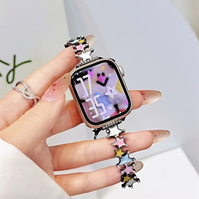Y2K Star Bling Rhinestone Bracelet Band for Samsung Watch 7 6 5 4 FE Color Enamel Metal Watch Wrist Strap for Garmin 20 22 18mm