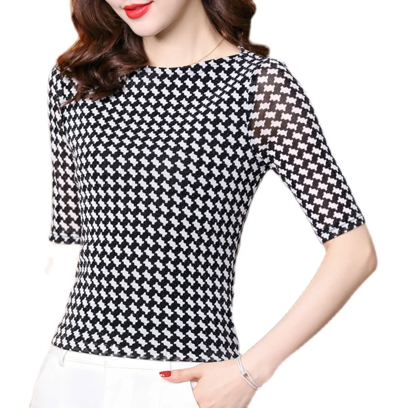 New Arrival Female Slash Collar Slim Plaid Mesh T Shirts Women Half Sleeve Tee T-shirt 40-70KG