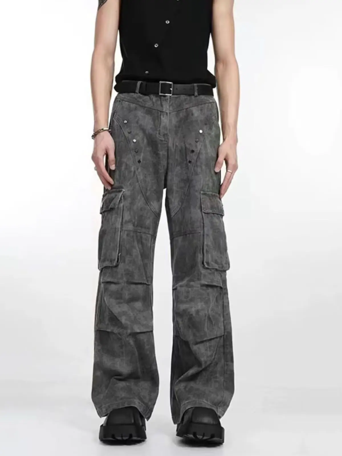 

Y2K 2000S Streetwear Vintage Grey Cargo Jeans Pants For Men Clothing Multi Pockets Wide Leg Harajuku High Waist Cowboy Pants