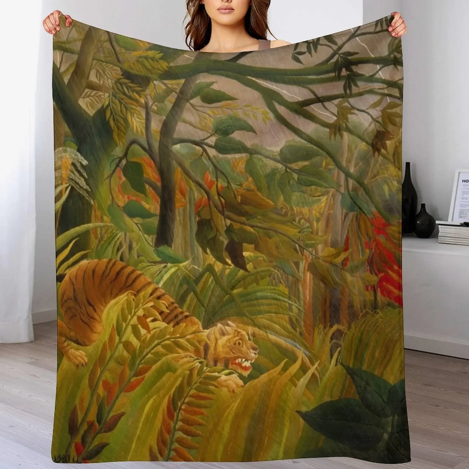 Henri rousseau - Tiger in a Tropical Storm Throw Blanket Custom Retros Bed linens Stuffeds Blankets