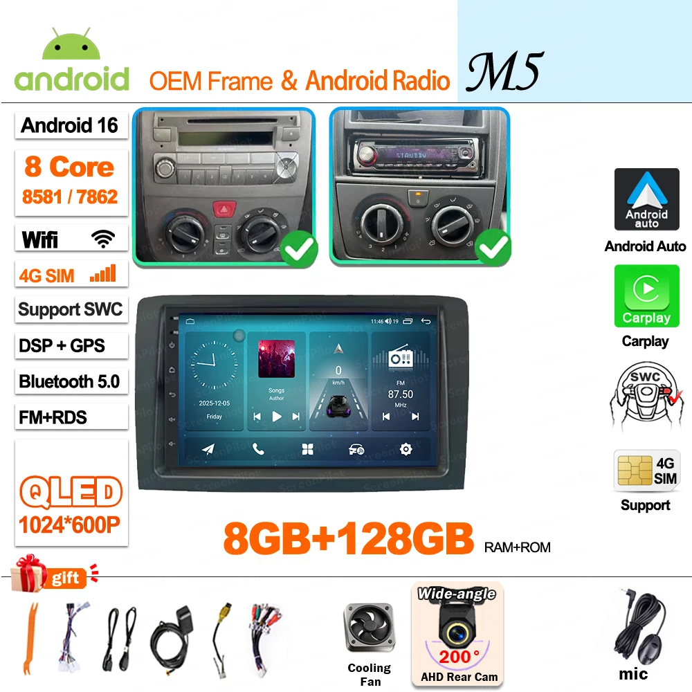 Android 16 Carplay Display Scherm GPS Navigatie Autoradio voor Fiat Idea Lancia Musa 2003 2004 2005 2006 2007 2008, geen 2din video.
