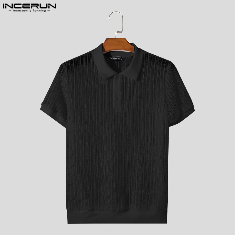 2024 Men Shirt Lapel Short Sleeve Mesh Transparent Sexy Streetwear Fashion Men Clothing Solid Color Casual Shirts S-5XL INCERUN