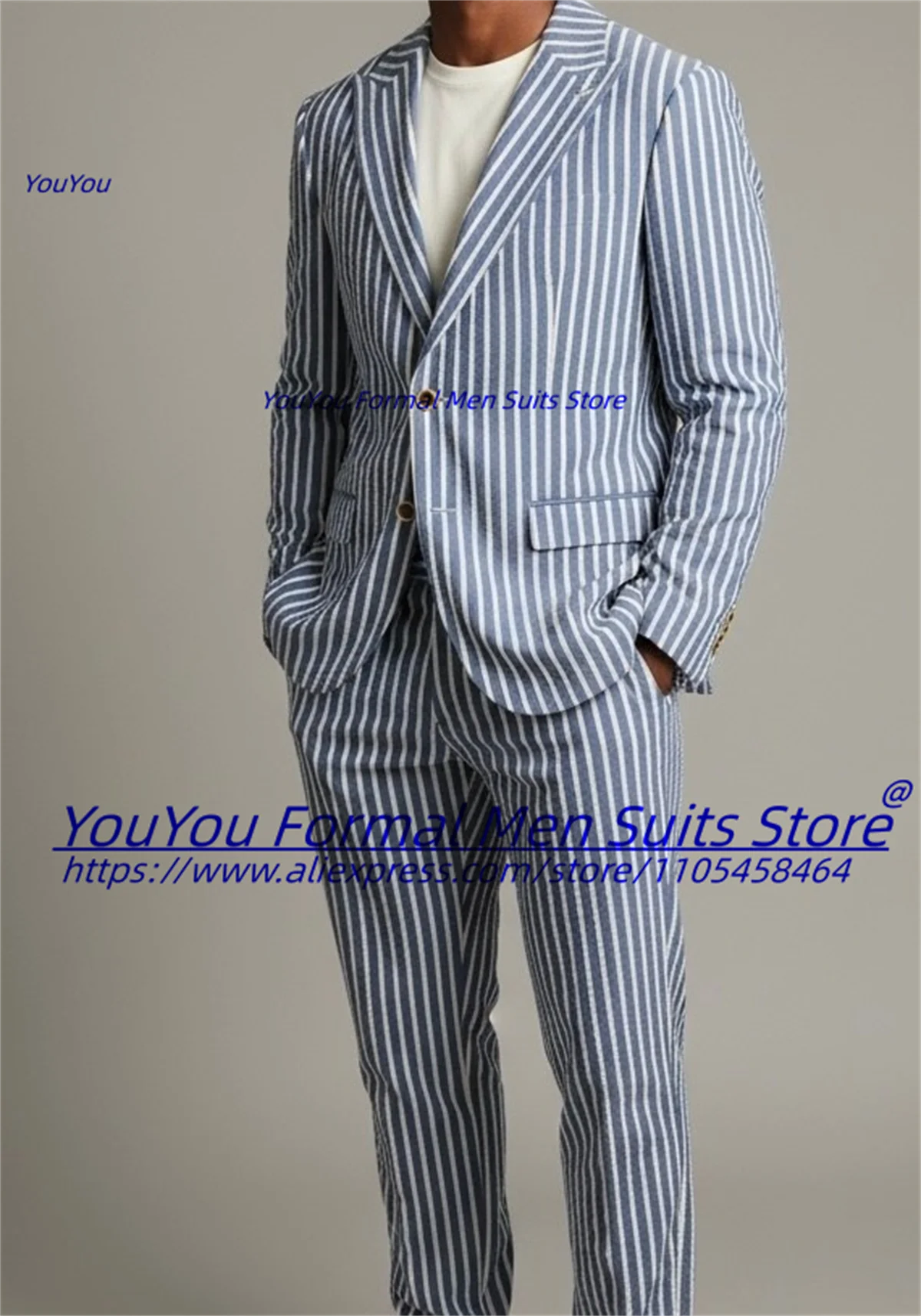

Summer Stripe Men Suits Customized Slim Fit Peak lapel Groom Wedding Tuxedos 2 Pieces Sets Male Prom Blazers trajes para hombre