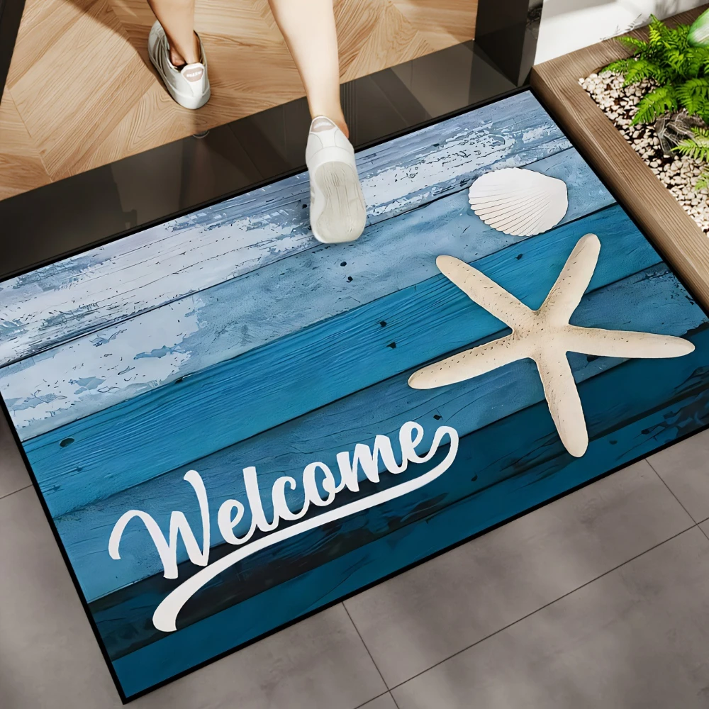 beach Welcome Doormat, Starfish Seashell Print Rug for Coastal Themed Home Decor Sea Turtle Welcome Doormat