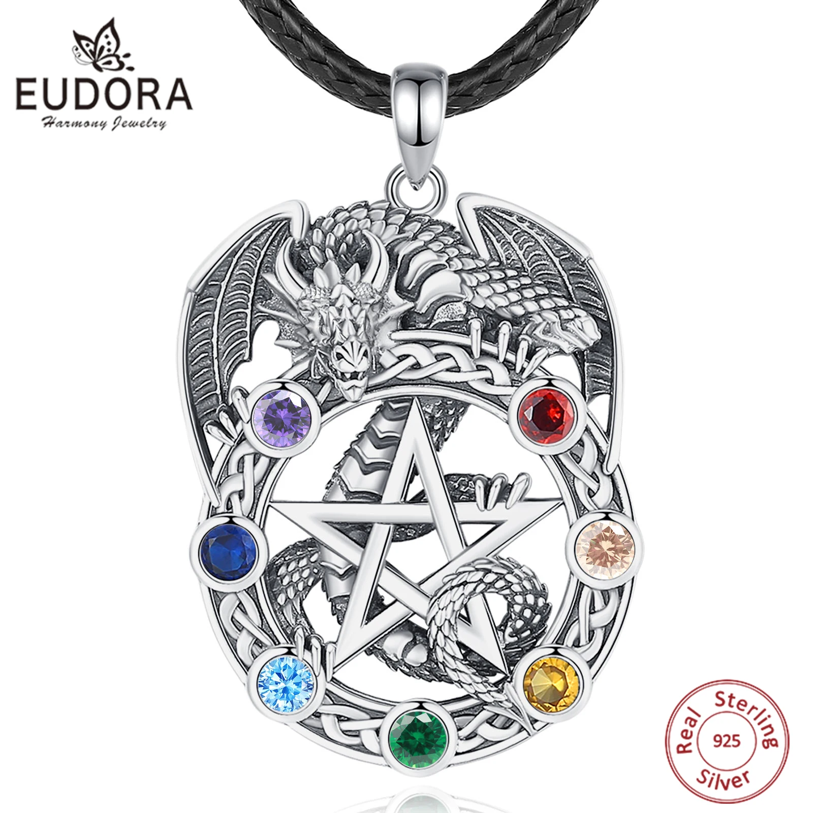 

Eudora Original 925 Sterling Silver Pentagram Necklace for Women Man 7 Color Chakra Star Tetragrammaton Pendant Personality Gift