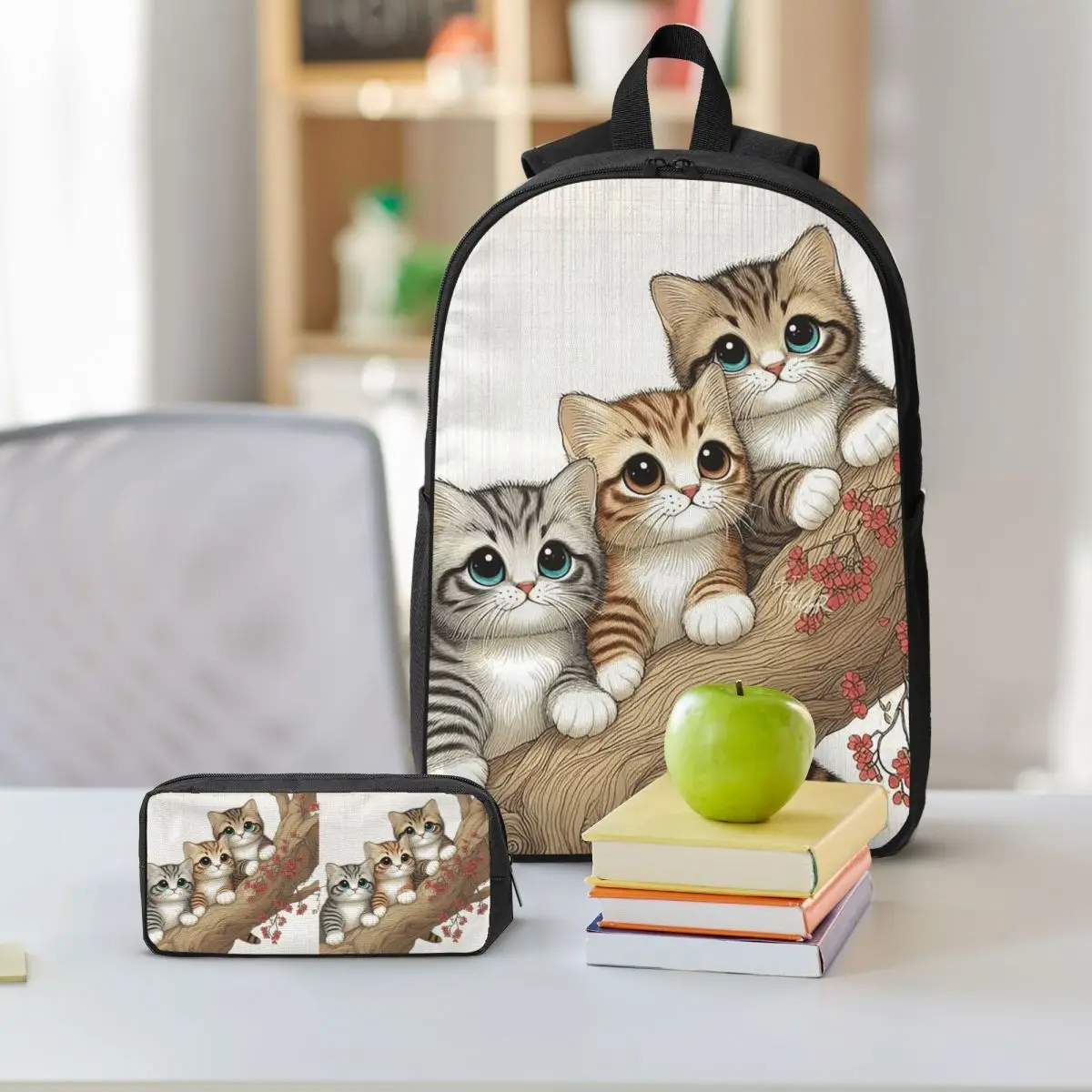 Cute Three Kittens In Branch Backpack Boys Girls BookBag School Bag Shoulder Bags 3ps Insulated Lunch Bag Pencil Case