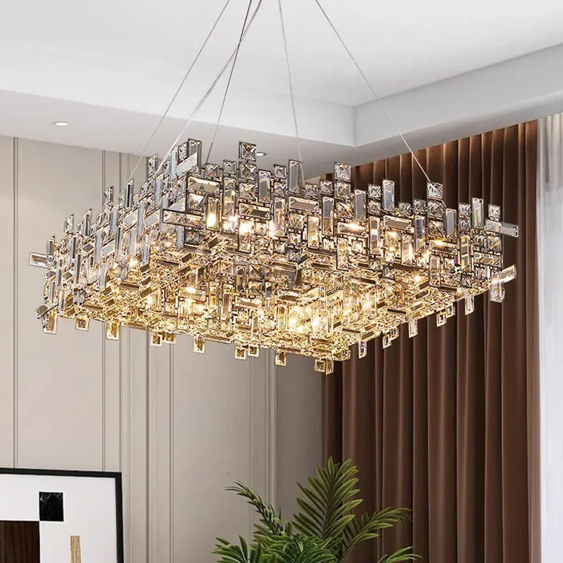 Modern luxury crystal chandelier Nordic home decoration villa living room lighting ceiling chandelier simple square LED light